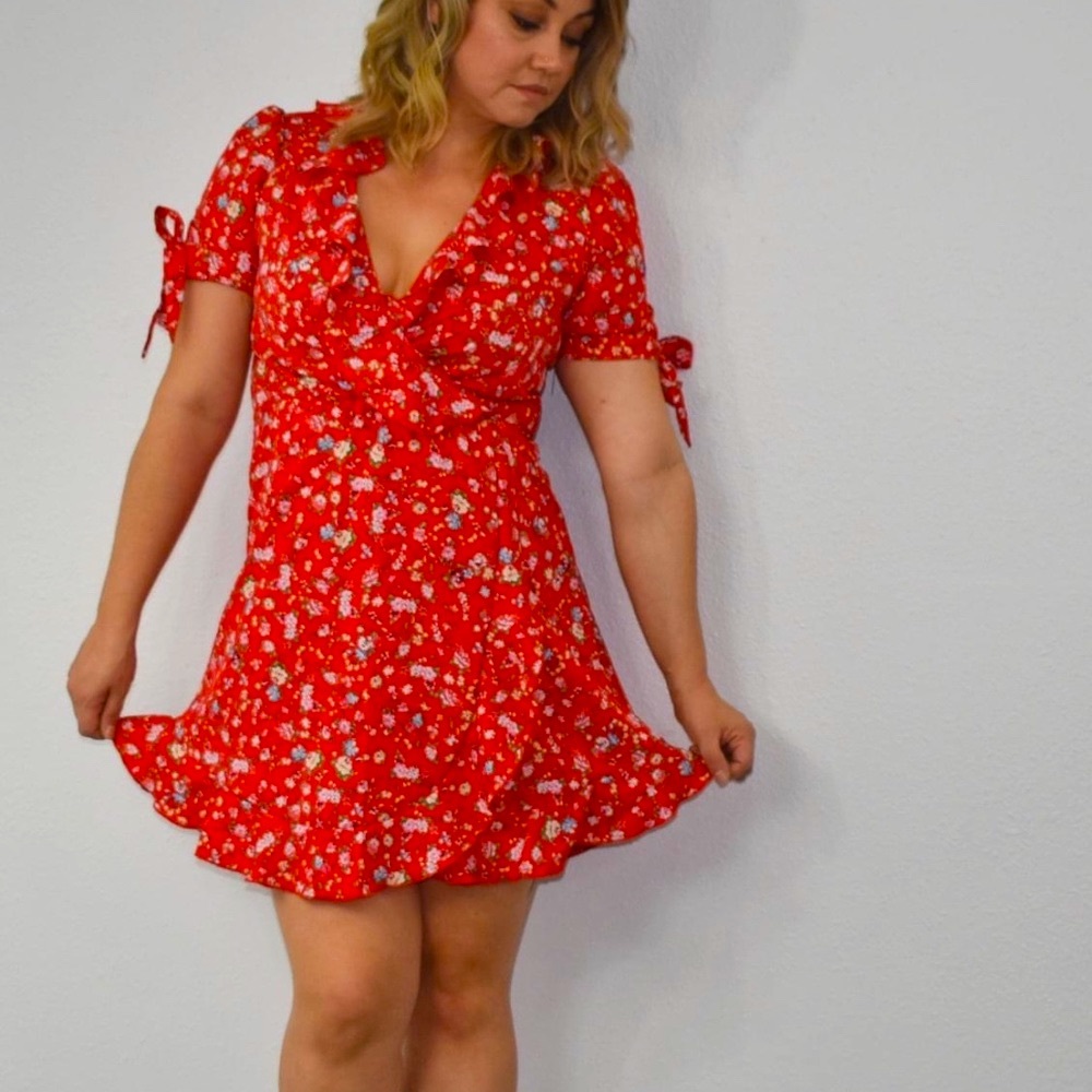 Red blossom floral Spring /summer chiffon dress